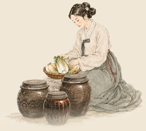 A woman in hanbok preparing napa cabbage beside traditional onggi fermentation jars