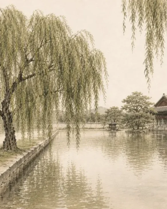 A weeping willow tree beside a pond, with a traditional Korean pavilion in the background